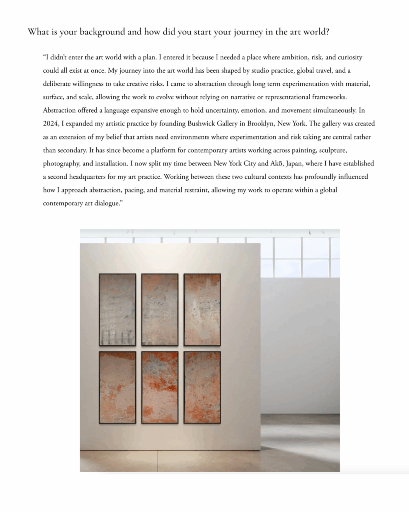 Magazine interview spread featuring contemporary abstract artist Gina Keatley, her artist portrait, paintings, and excerpts discussing her practice rooted in abstraction, travel, material risk, and cultural duality between NYC and Japan.