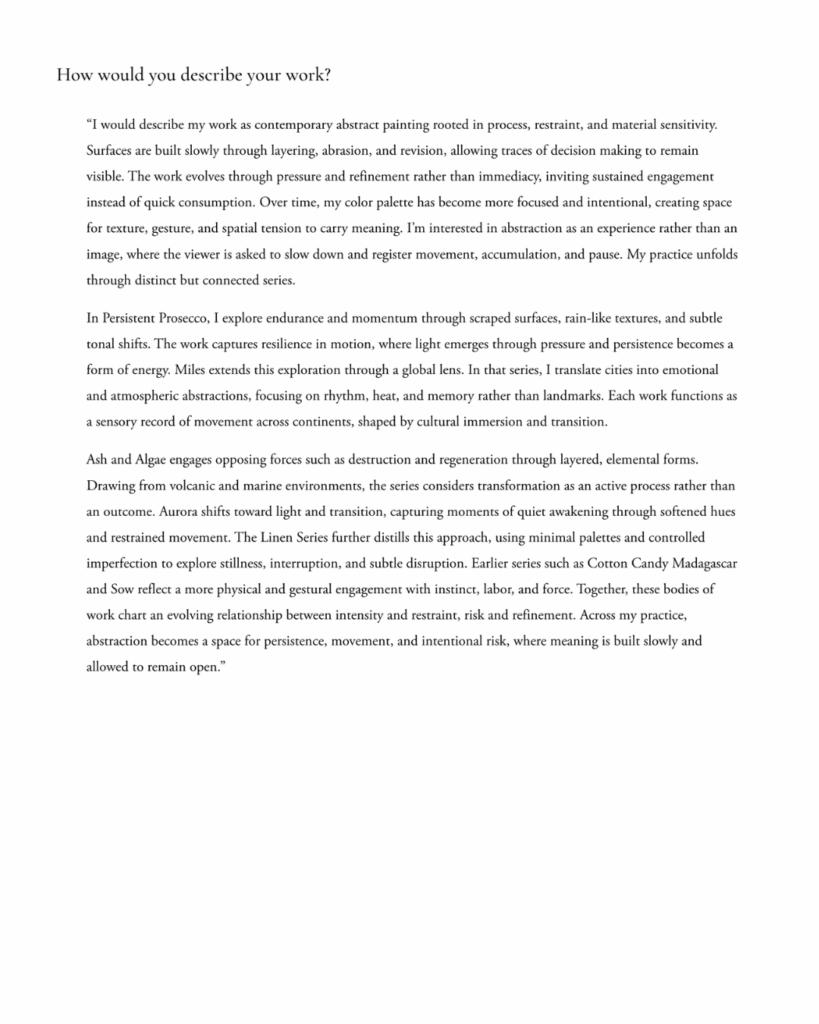Magazine interview spread featuring contemporary abstract artist Gina Keatley, her artist portrait, paintings, and excerpts discussing her practice rooted in abstraction, travel, material risk, and cultural duality between NYC and Japan.