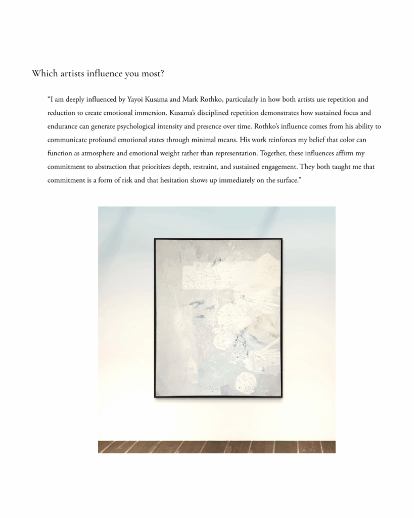 Magazine interview spread featuring contemporary abstract artist Gina Keatley, her artist portrait, paintings, and excerpts discussing her practice rooted in abstraction, travel, material risk, and cultural duality between NYC and Japan.